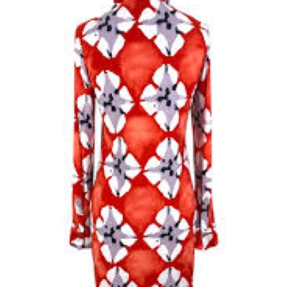BCBGMaxAzria Red and White Geometric Long Sleeve Dress